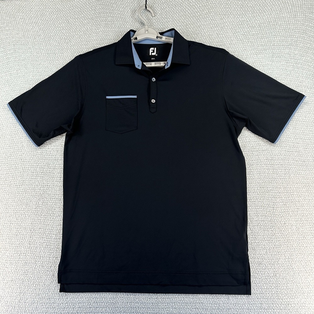 Footjoy Polo Shirt Mens Medium Black Lisle Faux Layer Pocket Golf Performance